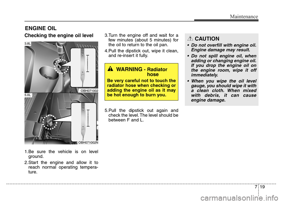 Hyundai Equus 2013  Owners Manual 719
Maintenance
ENGINE OIL
Checking the engine oil level  
1.Be sure the vehicle is on level
ground.
2.Start the engine and allow it to
reach normal operating tempera-
ture.3.Turn the engine off and w