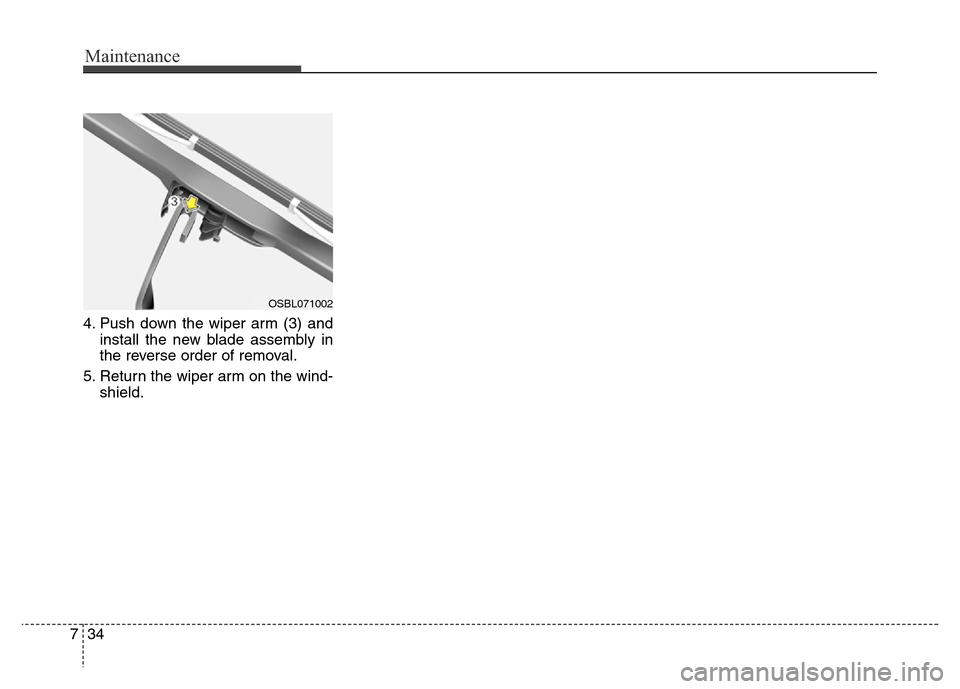 Hyundai Equus 2013  Owners Manual Maintenance
34 7
4. Push down the wiper arm (3) and
install the new blade assembly in
the reverse order of removal.
5. Return the wiper arm on the wind-
shield.
OSBL071002 