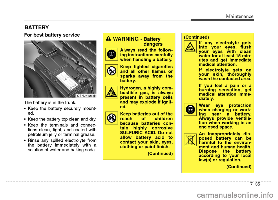 Hyundai Equus 2013  Owners Manual 735
Maintenance
For best battery service
The battery is in the trunk.
• Keep the battery securely mount-
ed.
• Keep the battery top clean and dry.
• Keep the terminals and connec-
tions clean, t