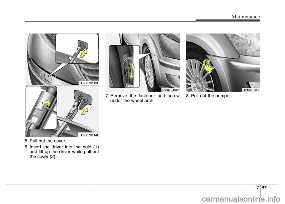 Hyundai Equus 2013  Owners Manual 767
Maintenance
5. Pull out the cover.
6. Insert the driver into the hold (1)
and lift up the driver while pull out
the cover (2).7. Remove the fastener and screw
under the wheel arch.8. Pull out the 
