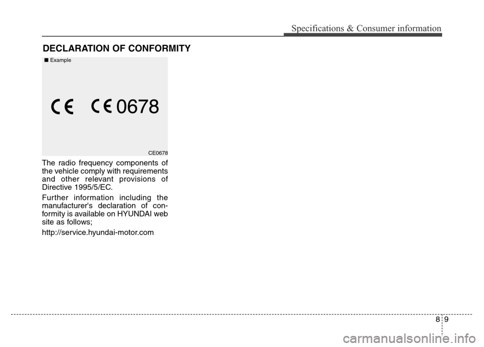 Hyundai Equus 2013  Owners Manual 89
Specifications & Consumer information
The radio frequency components of
the vehicle comply with requirements
and other relevant provisions of
Directive 1995/5/EC.
Further information including the
