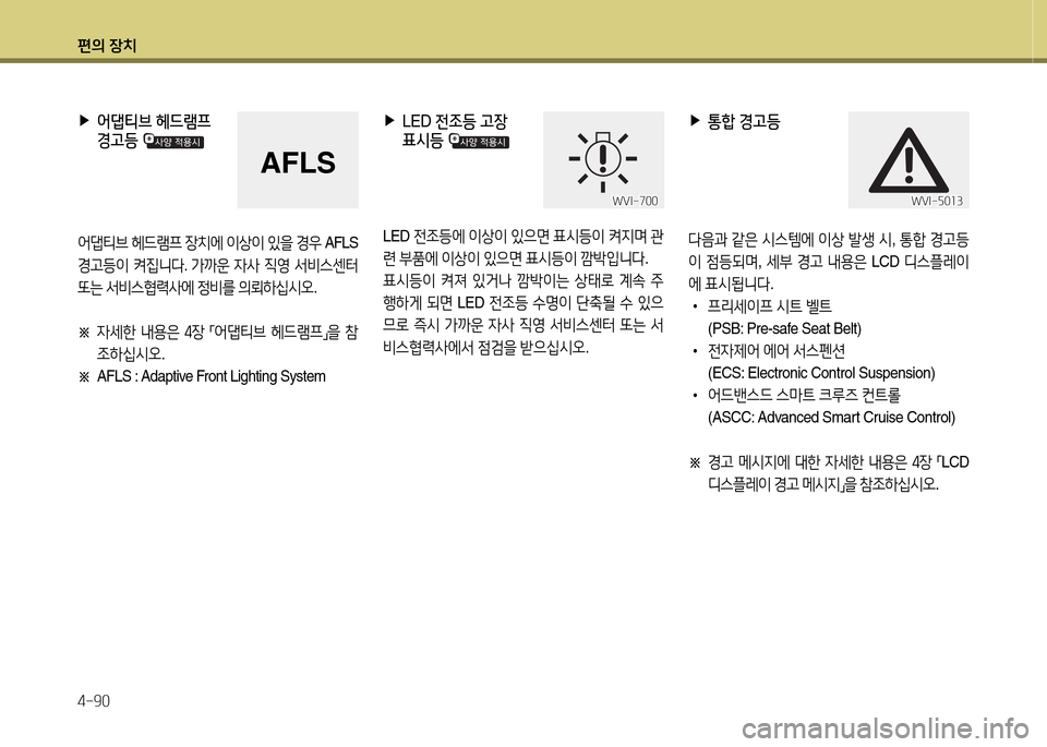 Hyundai Equus 2013  에쿠스 VI - 사용 설명서 (in Korean) 편의 장치 4-90
 
▶
 
2<댑?x브  헤드램프   
경고등  
2<댑?x브  헤드$0프  4-치에  이상이  있을  E우  AFLS 
Eh등이  켜6Y니l . 