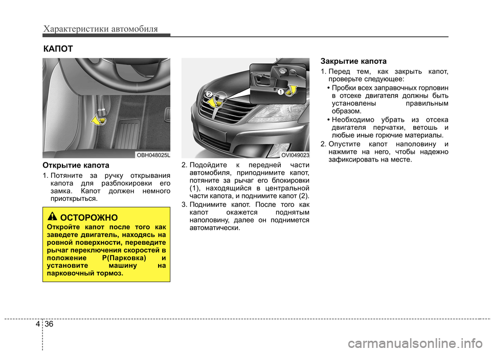 Hyundai Equus 2012 Инструкция по эксплуатации (in Russian) Характеристики автомобиля
36
4
Открытие капота
1. Потяните за ручку открывания
капота для разблокировки его
Hyundai Equus 2012 Инструкция по эксплуатации (in Russian) Характеристики автомобиля
36
4
Открытие капота
1. Потяните за ручку открывания
капота для разблокировки его