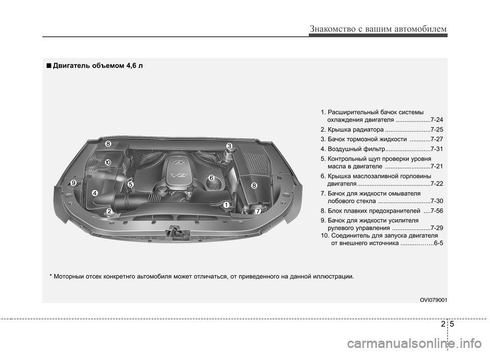 Hyundai Equus 2012  Инструкция по эксплуатации (in Russian) 25
Знакомство с вашим автомобилем
OVI079001
1. Расширительный бачок системы
охлаждения двигателя ....................7-24
2. К