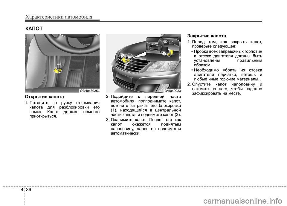 Hyundai Equus 2011  Инструкция по эксплуатации (in Russian) Характеристики автомобиля
36
4
Открытие капота   
1. Потяните за ручку открывания
капота для разблокировки его 
