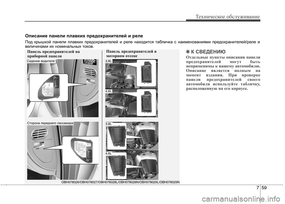 Hyundai Equus 2011  Инструкция по эксплуатации (in Russian) 759
Техническое обслуживание
✽✽К СВЕДЕНИЮ
Отдельные пункты описания панели 
предохранителей могут быть
непр