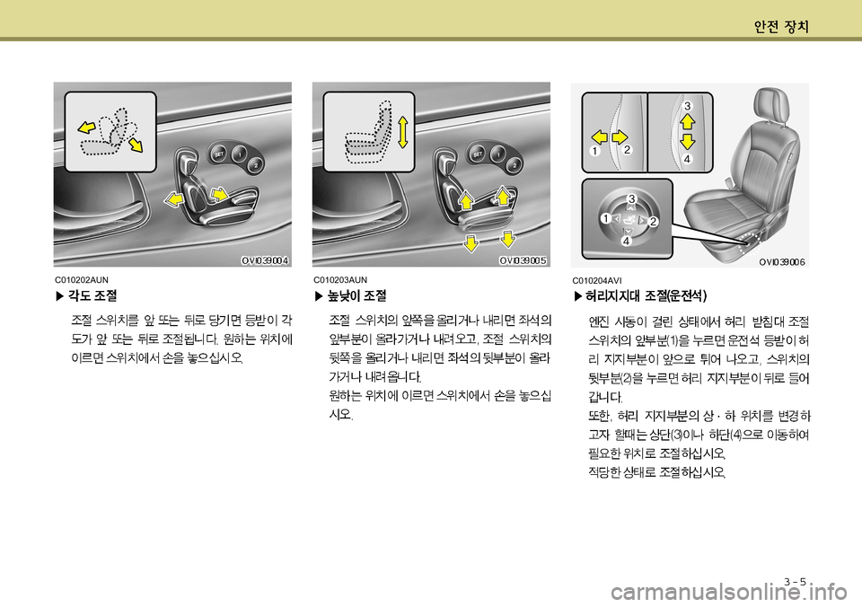 Hyundai Equus 2011  에쿠스 VI - 사용 설명서 (in Korean) 3-5
C010202AUNC010203AUNC010204AVI    