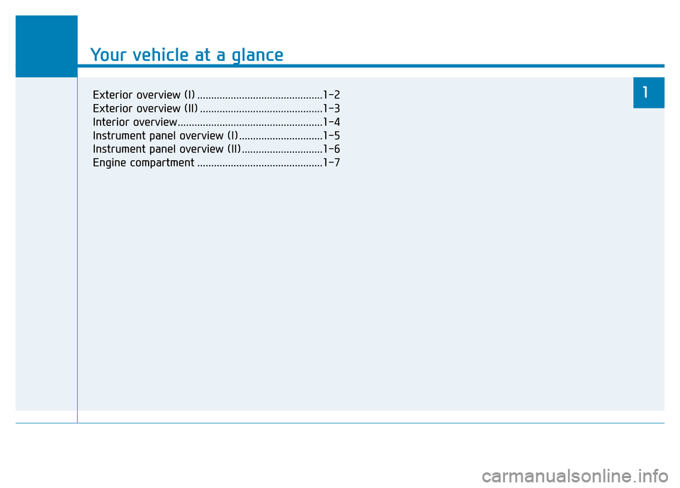 Hyundai Genesis 2016  Owners Manual - RHD (UK, Australia) Your vehicle at a glance
1
Your vehicle at a glance
1Exterior overview (I) .............................................1-2
Exterior overview (II) ............................................1-3
Inter