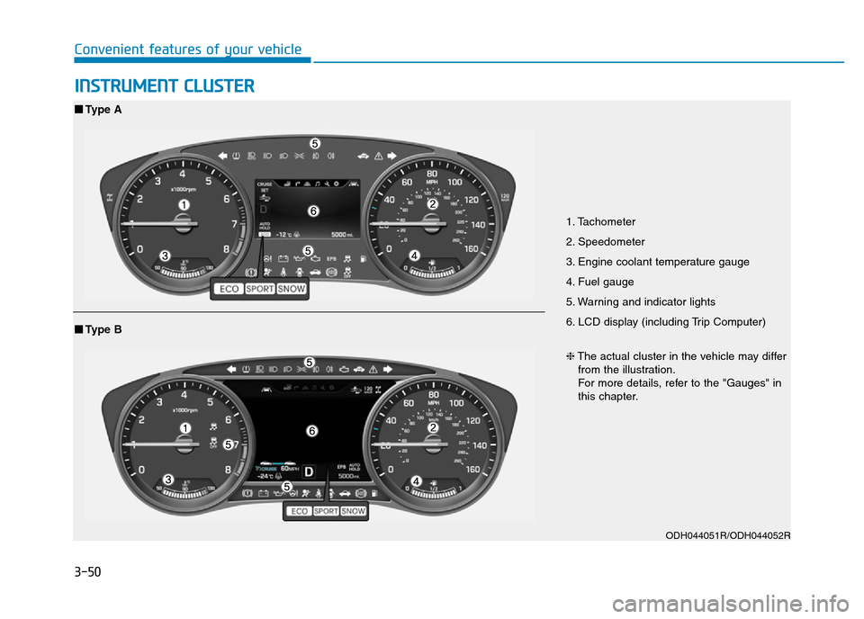 Hyundai Genesis 2016  Owners Manual - RHD (UK, Australia) 3-50
Convenient features of your vehicle
INSTRUMENT CLUSTER
1. Tachometer 
2. Speedometer
3. Engine coolant temperature gauge
4. Fuel gauge
5. Warning and indicator lights
6. LCD display (including Tr
