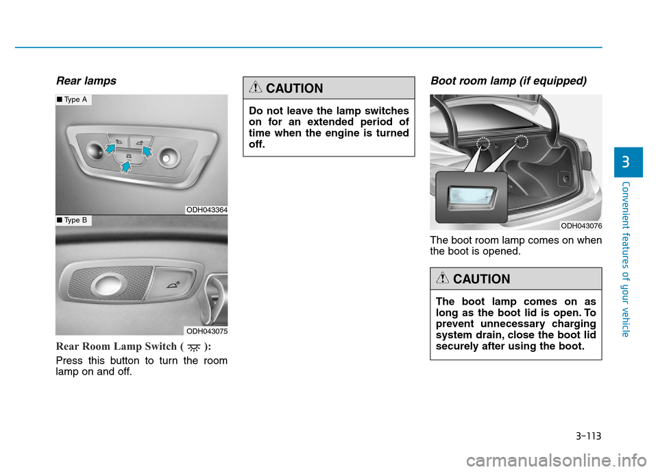 Hyundai Genesis 2016  Owners Manual - RHD (UK, Australia) 3-113
Convenient features of your vehicle
3
Rear lamps
Rear Room Lamp Switch ( ): 
Press this button to turn the room
lamp on and off.
Boot room lamp (if equipped)
The boot room lamp comes on when
the