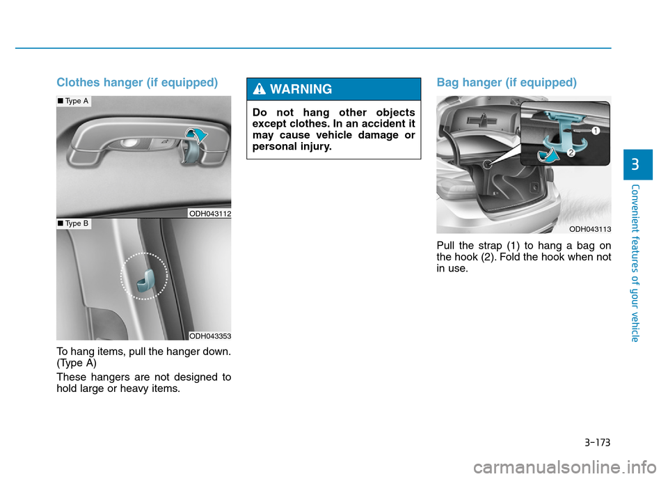 Hyundai Genesis 2016  Owners Manual - RHD (UK, Australia) 3-173
Convenient features of your vehicle
3
Clothes hanger (if equipped)
To hang items, pull the hanger down.
(Type A)
These hangers are not designed to
hold large or heavy items.
Bag hanger (if equip