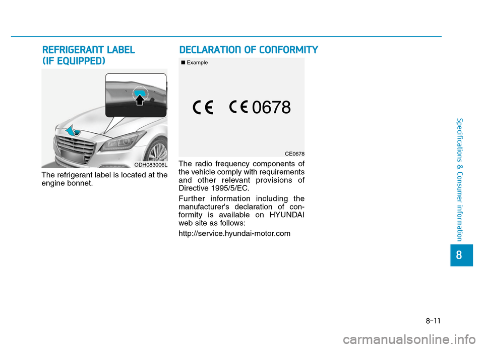 Hyundai Genesis 2016  Owners Manual - RHD (UK, Australia) 8-11
8
Specifications & Consumer information
The refrigerant label is located at the
engine bonnet.The radio frequency components of
the vehicle comply with requirements
and other relevant provisions 