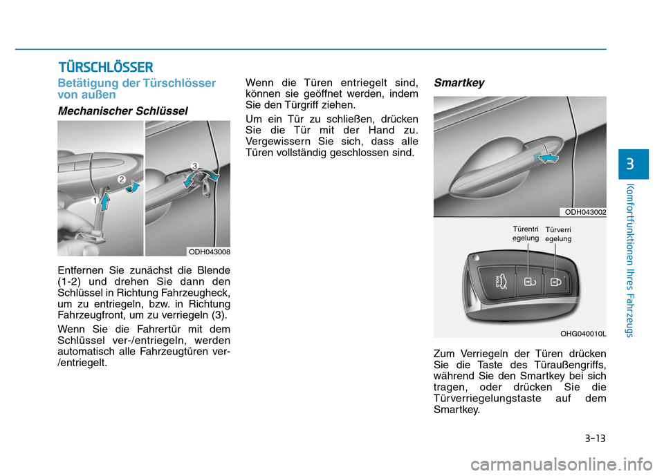 Hyundai Genesis 2016  Betriebsanleitung (in German) 3-13
Komfortfunktionen Ihres Fahrzeugs 
3
Betätigung der Türschlösser
von außen
Mechanischer Schlüssel 
Entfernen Sie zunächst die Blende
(1-2) und drehen Sie dann den
Schlüssel in Richtung Fah