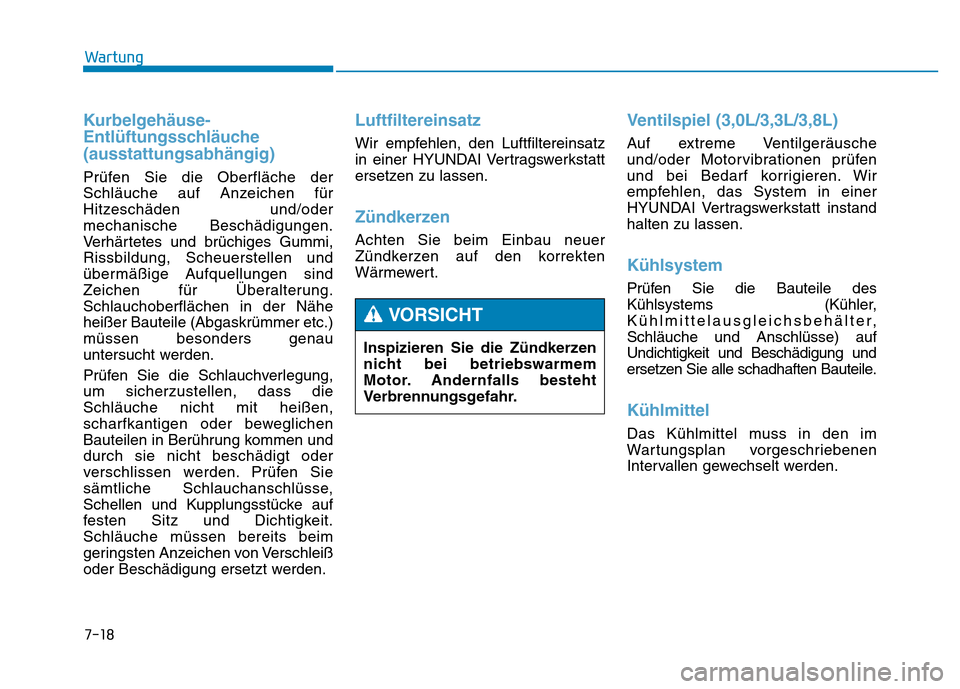 Hyundai Genesis 2016  Betriebsanleitung (in German) 7-18
Wartung
Kurbelgehäuse-
Entlüftungsschläuche
(ausstattungsabhängig) 
Prüfen Sie die Oberfläche der
Schläuche auf Anzeichen für
Hitzeschäden und/oder
mechanische Beschädigungen.
Verhärte