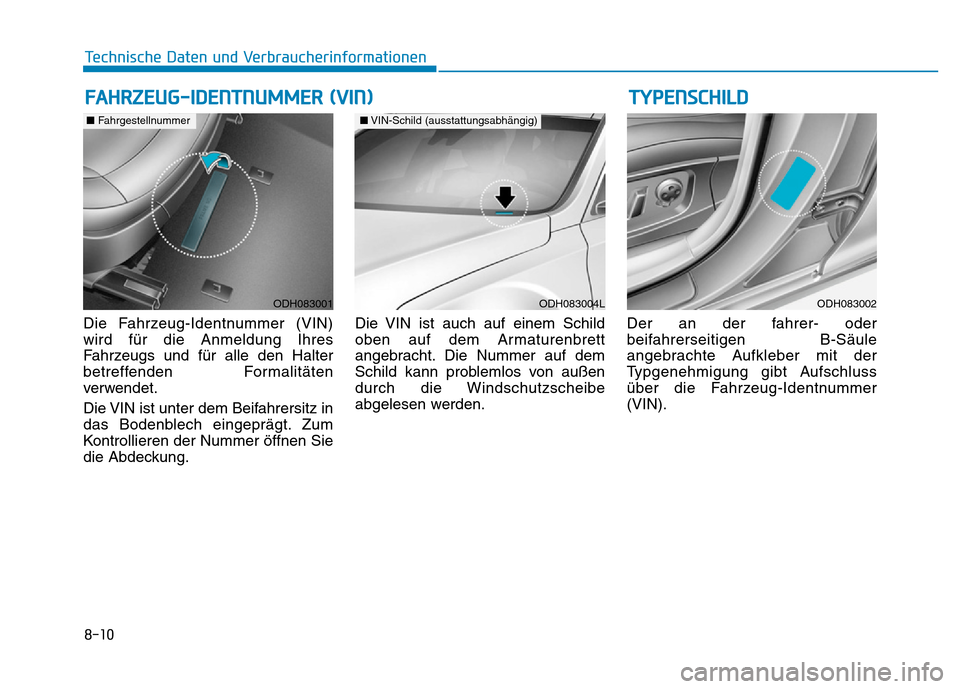 Hyundai Genesis 2016  Betriebsanleitung (in German) 8-10
Technische Daten und Verbraucherinformationen
Die Fahrzeug-Identnummer (VIN)
wird für die Anmeldung Ihres
Fahrzeugs und für alle den Halter
betreffenden Formalitäten
verwendet.
Die VIN ist unt