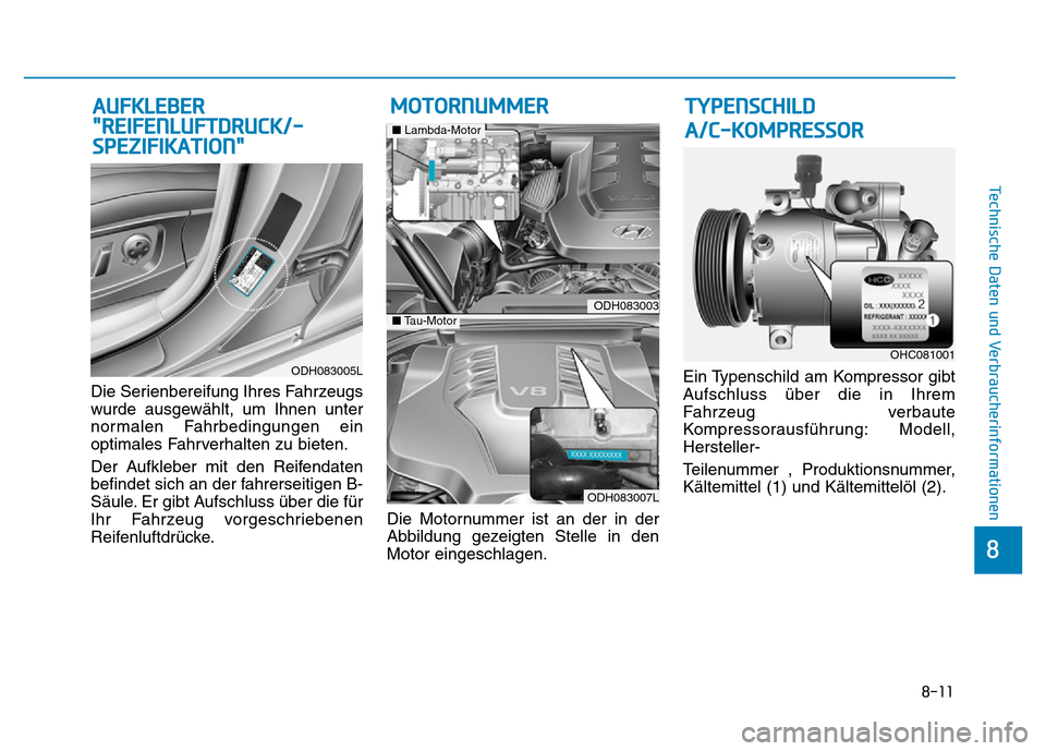 Hyundai Genesis 2016  Betriebsanleitung (in German) 8-11
8
Technische Daten und Verbraucherinformationen
Die Serienbereifung Ihres Fahrzeugs
wurde ausgewählt, um Ihnen unter
normalen Fahrbedingungen ein
optimales Fahrverhalten zu bieten.
Der Aufkleber