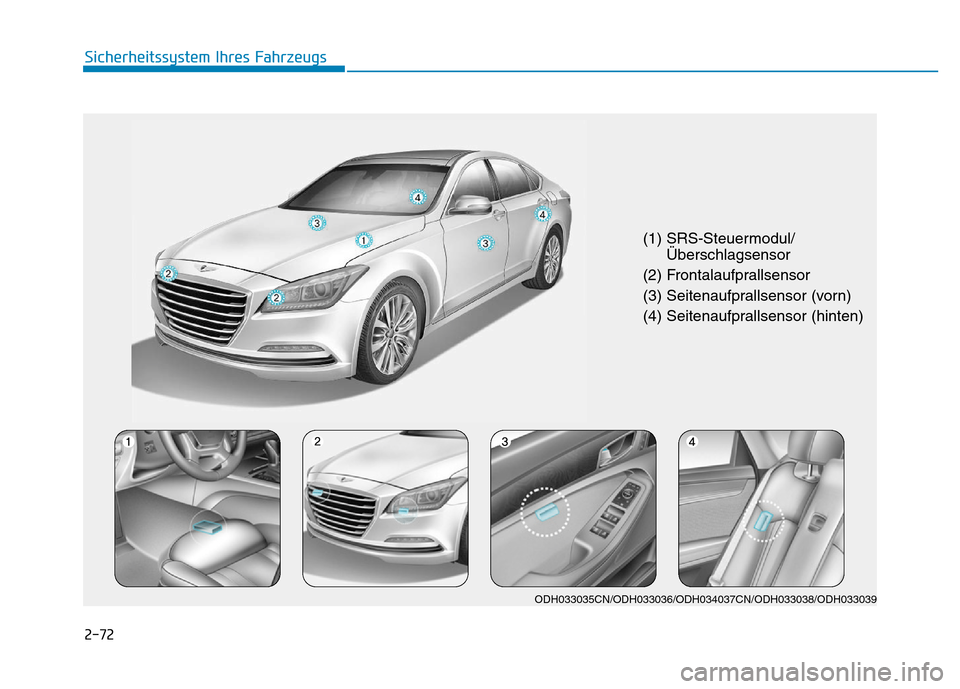 Hyundai Genesis 2016  Betriebsanleitung (in German) 2-72
Sicherheitssystem Ihres Fahrzeugs
(1) SRS-Steuermodul/
Überschlagsensor 
(2) Frontalaufprallsensor 
(3) Seitenaufprallsensor (vorn) 
(4) Seitenaufprallsensor (hinten)
ODH033035CN/ODH033036/ODH03