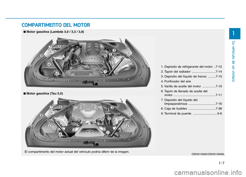 Hyundai Genesis 2016  Manual del propietario (in Spanish) 1-7
Su vehículo de un vistazo
1
COMPARTIMENTO DEL MOTOR
1. Depósito de refrigerante del motor  ..7-12
2. Tapón del radiador  ...........................7-14
3. Depósito del líquido de frenos  ...