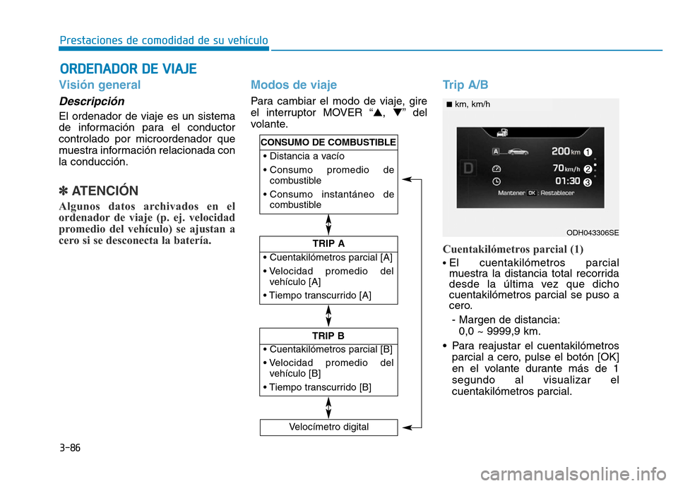 Hyundai Genesis 2016  Manual del propietario (in Spanish) 3-86
Prestaciones de comodidad de su vehículo 
Visión general 
Descripción
El ordenador de viaje es un sistema
de información para el conductor
controlado por microordenador que
muestra informaci