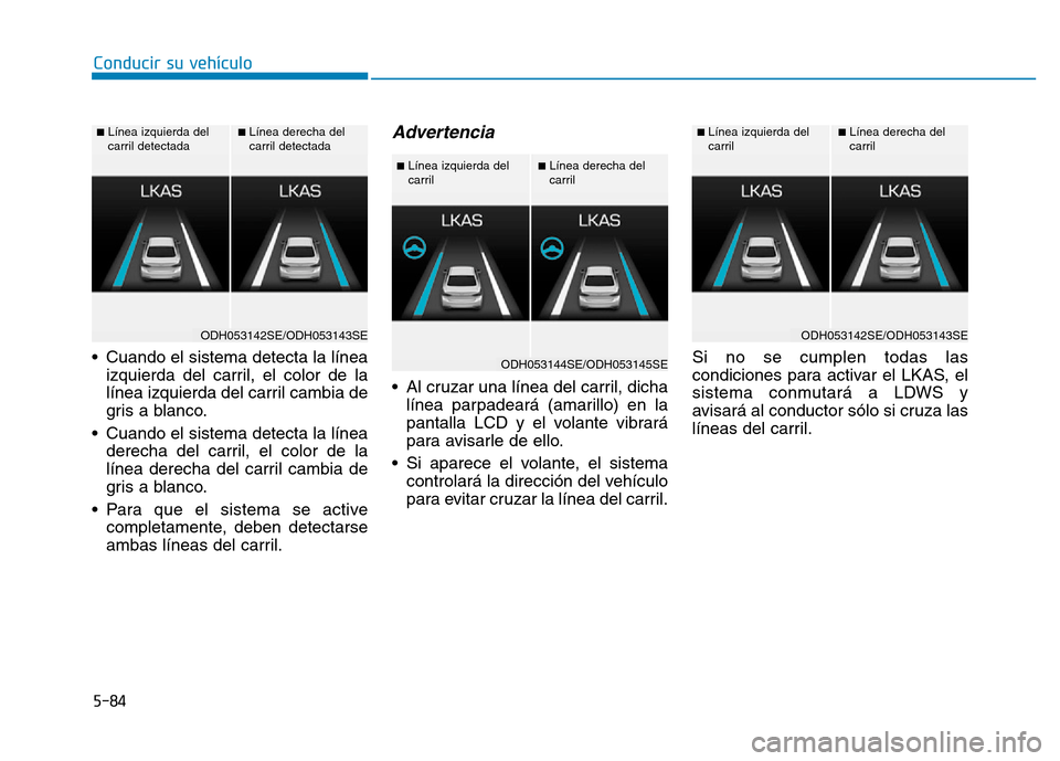 Hyundai Genesis 2016  Manual del propietario (in Spanish) 5-84
Conducir su vehículo
• Cuando el sistema detecta la línea izquierda del carril, el color de la
línea izquierda del carril cambia de
gris a blanco.
• Cuando el sistema detecta la línea der