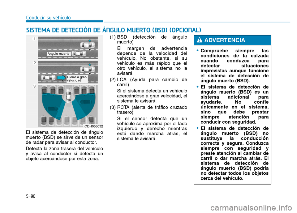 Hyundai Genesis 2016  Manual del propietario (in Spanish) 5-90
Conducir su vehículo
El sistema de detección de ángulo
muerto (BSD) se sirve de un sensor
de radar para avisar al conductor.
Detecta la zona trasera del vehículo
y avisa al conductor si detec