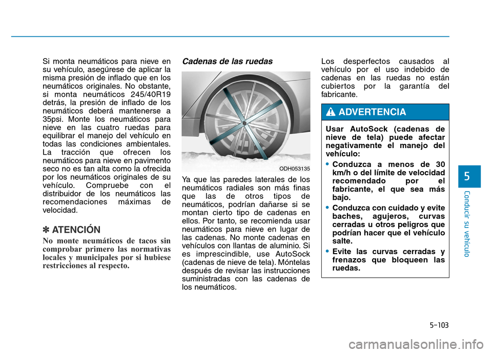 Hyundai Genesis 2016  Manual del propietario (in Spanish) 5-103
Conducir su vehículo
5
Si monta neumáticos para nieve en
su vehículo, asegúrese de aplicar la
misma presión de inflado que en los
neumáticos originales. No obstante,
si monta neumáticos 2