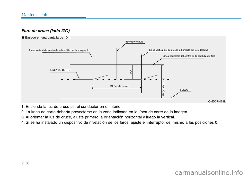 Hyundai Genesis 2016  Manual del propietario (in Spanish) 7-68
Mantenimiento
Faro de cruce (lado IZQ) 
1. Encienda la luz de cruce sin el conductor en el interior.
2. La línea de corte debería proyectarse en la zona indicada en la línea de corte de la ima