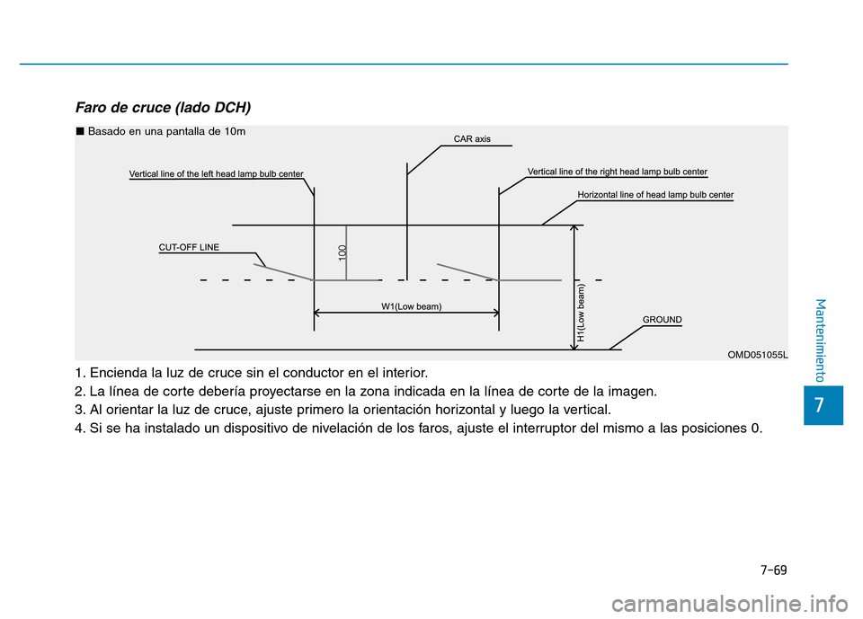 Hyundai Genesis 2016  Manual del propietario (in Spanish) 7-69
7
Mantenimiento
Faro de cruce (lado DCH) 
1. Encienda la luz de cruce sin el conductor en el interior.
2. La línea de corte debería proyectarse en la zona indicada en la línea de corte de la i