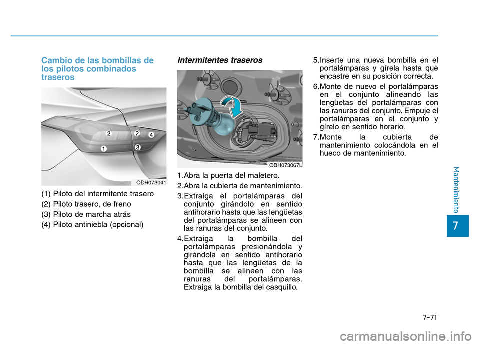 Hyundai Genesis 2016  Manual del propietario (in Spanish) 7-71
7
Mantenimiento
Cambio de las bombillas de
los pilotos combinados
traseros 
(1) Piloto del intermitente trasero 
(2) Piloto trasero, de freno 
(3) Piloto de marcha atrás 
(4) Piloto antiniebla (