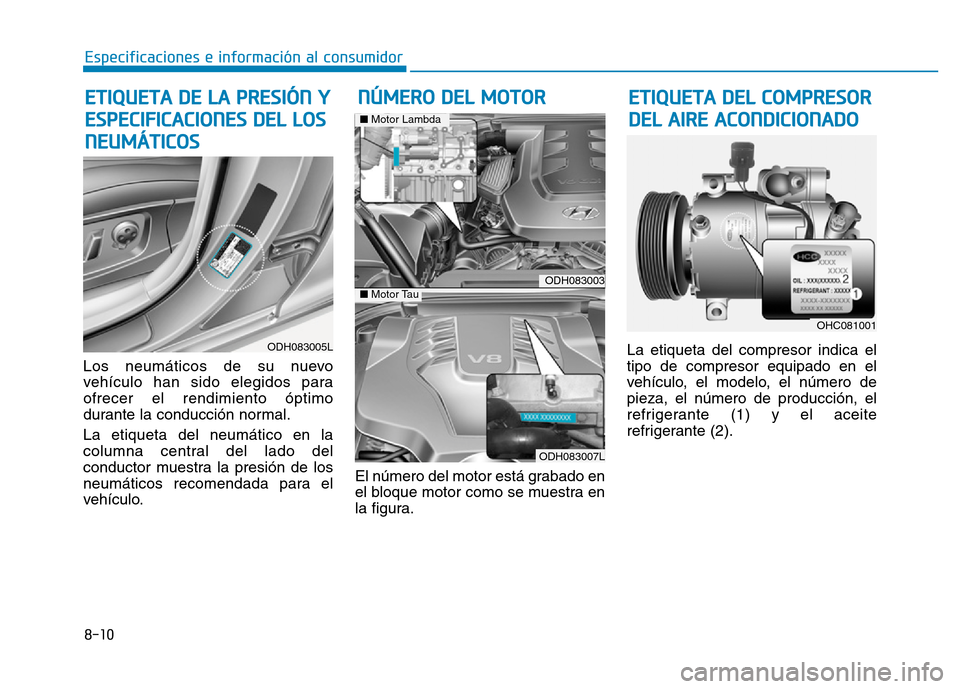 Hyundai Genesis 2016  Manual del propietario (in Spanish) 8-10
Especificaciones e información al consumidor
Los neumáticos de su nuevo
vehículo han sido elegidos para
ofrecer el rendimiento óptimo
durante la conducción normal.
La etiqueta del neumático