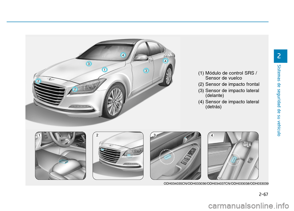 Hyundai Genesis 2016  Manual del propietario (in Spanish) 2-67
Sistemas de seguridad de su vehículo 
2
(1) Módulo de control SRS /Sensor de vuelco 
(2) Sensor de impacto frontal 
(3) Sensor de impacto lateral (delante) 
(4) Sensor de impacto lateral (detr