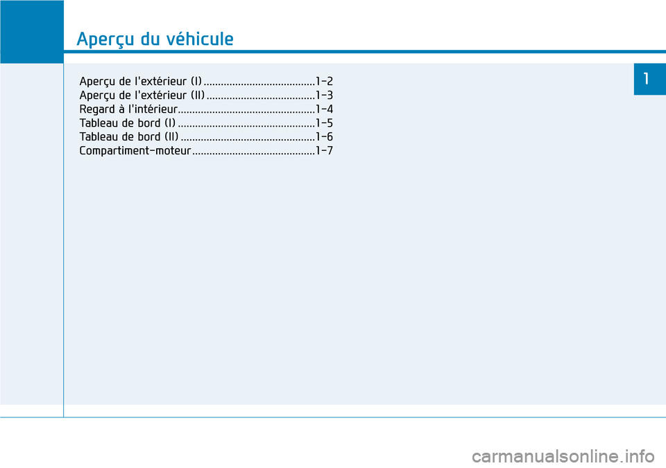 Hyundai Genesis 2016  Manuel du propriétaire (in French) Aperçu du véhicule
1
Aperçu du véhicule
Aperçu de lextérieur (I) .......................................1-2
Aperçu de lextérieur (II) ......................................1-3
Regard à lin