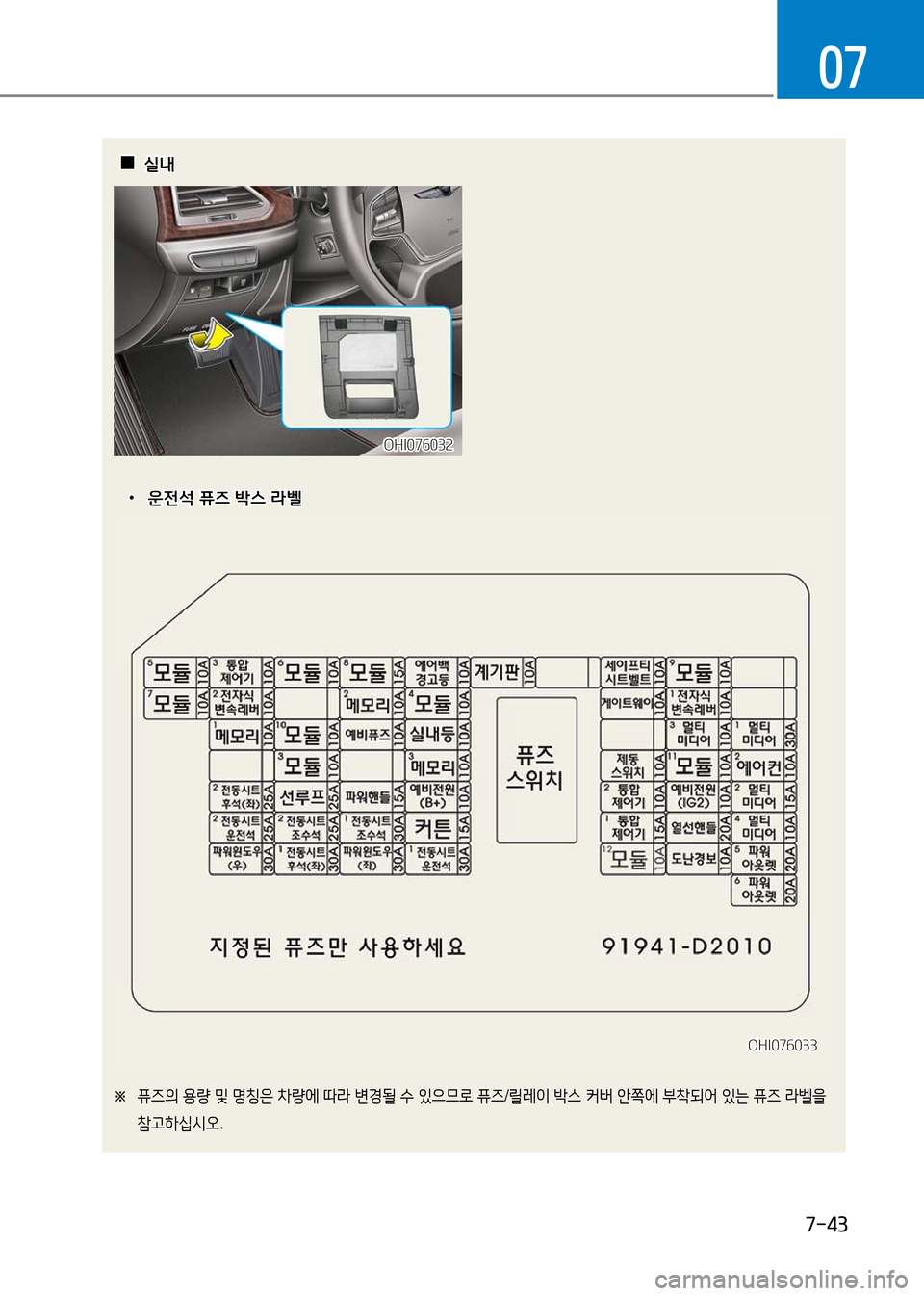 Hyundai Genesis 2016  EQ900 HI - 사용 설명서 (in Korean) 7-43
07
  00실내실내
OHI076032OHI076032
※ 퓨즈의 용량 및 명칭은 차량에 따라 변경될 수 있으므로 퓨즈/릴레이 박스 커버 안쪽에 부착되어 있는 퓨즈 라벨
