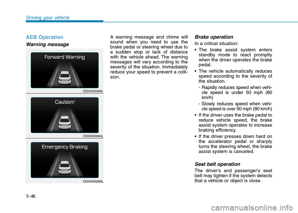 Hyundai Genesis 2015  Owners Manual 5-46
Driving your vehicle
AEB Operation
Warning message
A warning message and chime will
sound when you need to use the
brake pedal or steering wheel due to
a sudden stop or lack of distance
with the 