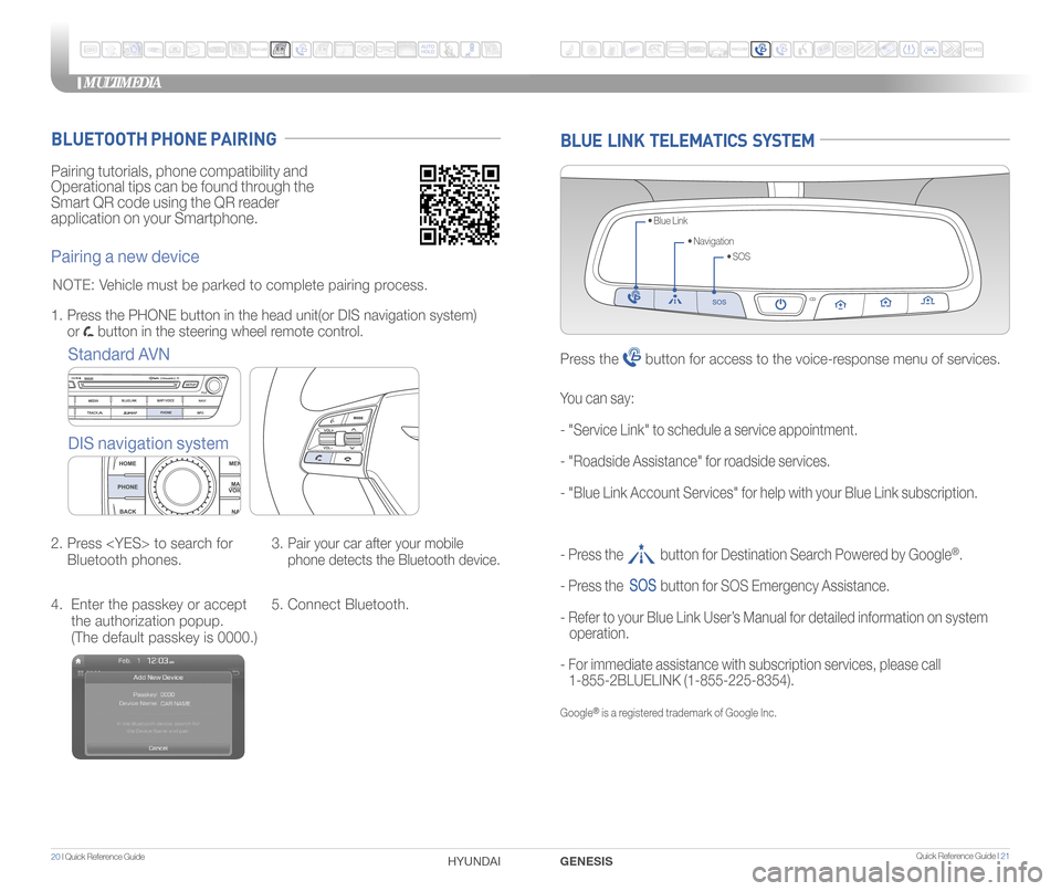 Hyundai Genesis 2015  Quick Reference Guide MULTIMEDIA
20 I Quick Reference Guide   HYUNDAI  Quick Reference Guide I  21GENESIS
Pairing tutorials, phone compatibility and
Operational tips can be found through the
Smart QR code using the QR read