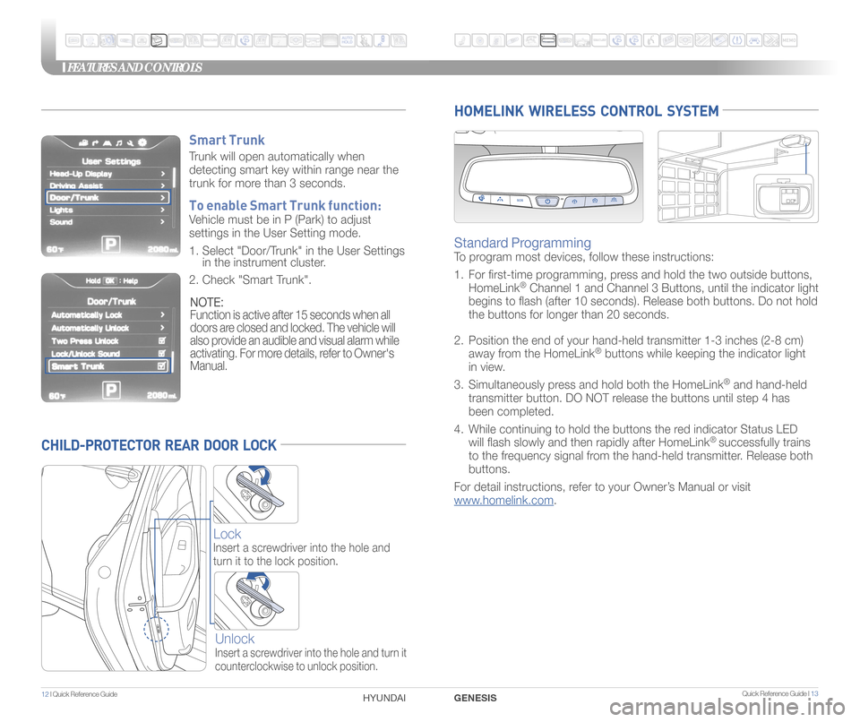 Hyundai Genesis 2015 Quick Reference Guide Quick Reference Guide I 13
FEATURES AND CONTROLS
12 I Quick Reference Guide
CHILD-PROTECTOR REAR DOOR LOCK
Lock
Insert a screwdriver into the hole and
turn it to the lock position.
Unlock
I Hyundai Genesis 2015 Quick Reference Guide Quick Reference Guide I 13
FEATURES AND CONTROLS
12 I Quick Reference Guide
CHILD-PROTECTOR REAR DOOR LOCK
Lock
Insert a screwdriver into the hole and
turn it to the lock position.
Unlock
I
