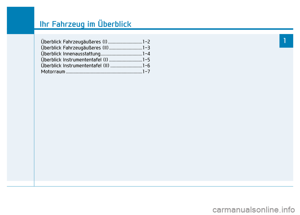 Hyundai Genesis 2015  Betriebsanleitung (in German) Ihr Fahrzeug im Überblick
1
Ihr Fahrzeug im Überblick
1Überblick Fahrzeugäußeres (I) ............................1-2
Überblick Fahrzeugäußeres (II) ...........................1-3
Überblick In
