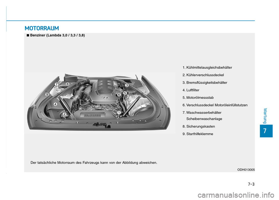 Hyundai Genesis 2015  Betriebsanleitung (in German) 7-3
7
Wartung
MOTORRAUM
1. Kühlmittelausgleichsbehälter 
2. Kühlerverschlussdeckel 
3. Bremsflüssigkeitsbehälter 
4. Luftfilter 
5. Motorölmessstab 
6. Verschlussdeckel Motoröleinfüllstutzen 
