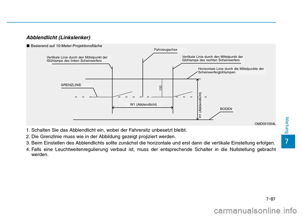 Hyundai Genesis 2015  Betriebsanleitung (in German) 7-87
7
Wartung
Abblendlicht (Linkslenker) 
1. Schalten Sie das Abblendlicht ein, wobei der Fahrersitz unbesetzt bleibt.
2. Die Grenzlinie muss wie in der Abbildung gezeigt projiziert werden.
3. Beim E