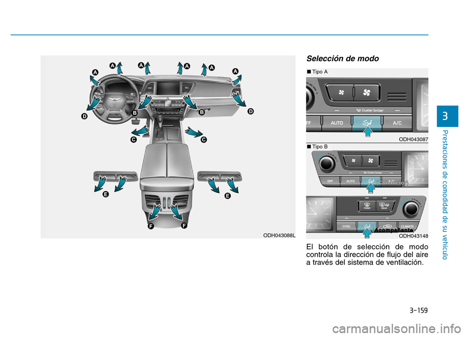 Hyundai Genesis 2015  Manual del propietario (in Spanish) 3-159
Prestaciones de comodidad de su vehículo 
3
Selección de modo
El botón de selección de modo
controla la dirección de flujo del aire
a través del sistema de ventilación.
ODH043088L
ODH0430