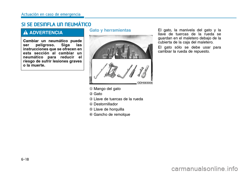 Hyundai Genesis 2015  Manual del propietario (in Spanish) 6-18
Actuación en caso de emergencia 
Gato y herramientas 
\fMango del gato
② Gato
③ Llave de tuercas de la rueda
④ Destornillador
⑤ Llave de horquilla
⑥ Gancho de remolque El gato, la mani