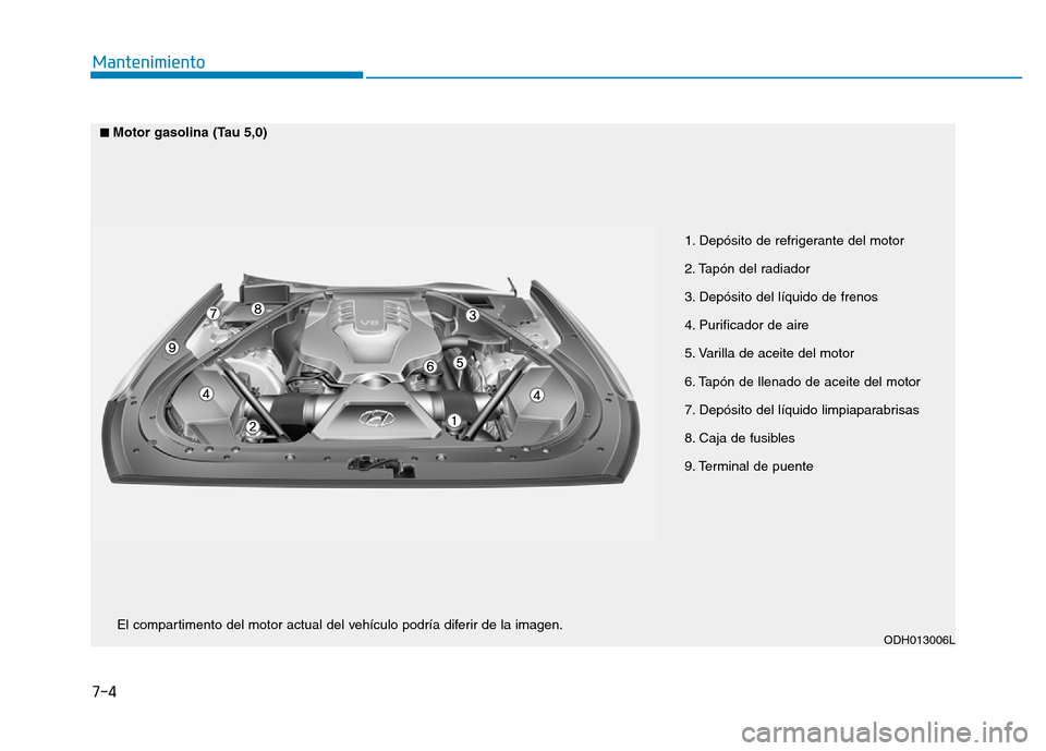 Hyundai Genesis 2015  Manual del propietario (in Spanish) 7-4
Mantenimiento
1. Depósito de refrigerante del motor 
2. Tapón del radiador 
3. Depósito del líquido de frenos 
4. Purificador de aire 
5. Varilla de aceite del motor 
6. Tapón de llenado de a