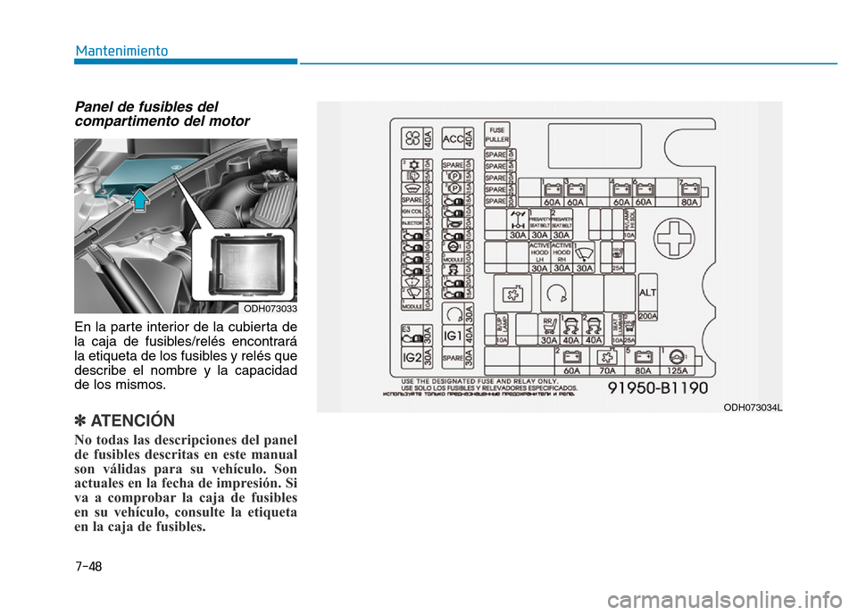 Hyundai Genesis 2015  Manual del propietario (in Spanish) 7-48
Mantenimiento
Panel de fusibles delcompartimento del motor 
En la parte interior de la cubierta de
la caja de fusibles/relés encontrará
la etiqueta de los fusibles y relés que
describe el nomb
