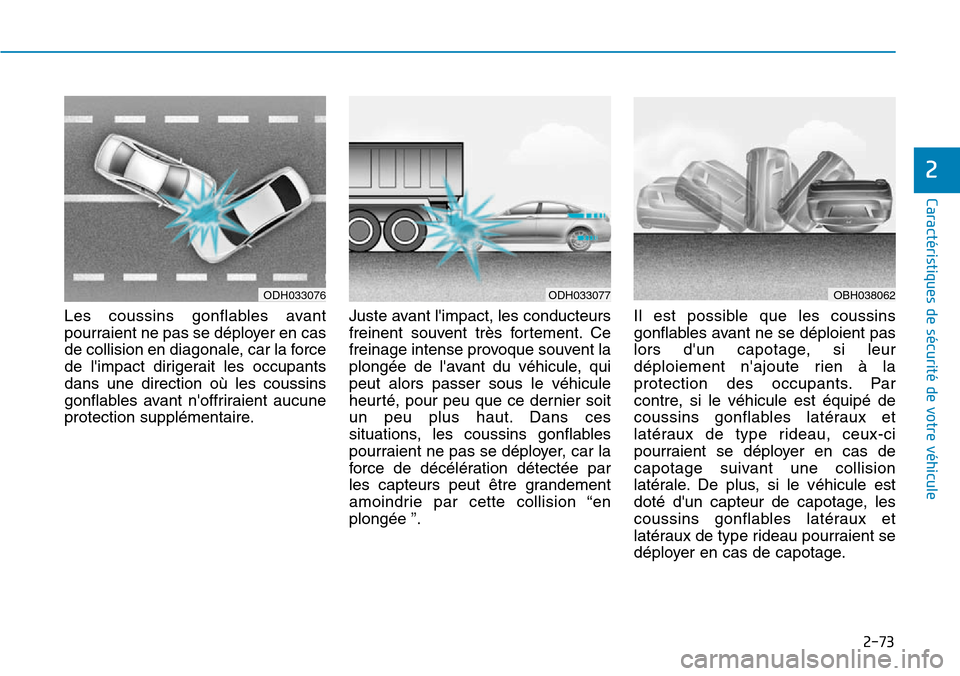Hyundai Genesis 2015  Manuel du propriétaire (in French) 2-73
Caractéristiques de sécurité de votre véhicule
2
Les coussins gonflables avant
pourraient ne pas se déployer en cas
de collision en diagonale, car la force
de limpact dirigerait les occupan