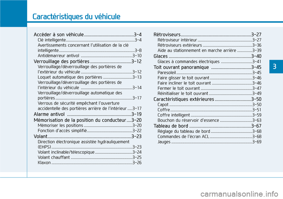 Hyundai Genesis 2015  Manuel du propriétaire (in French) Caractéristiques du véhicule
Accéder à son véhicule .........................................3-4
Clé intelligente....................................................................3-4
Avertisse