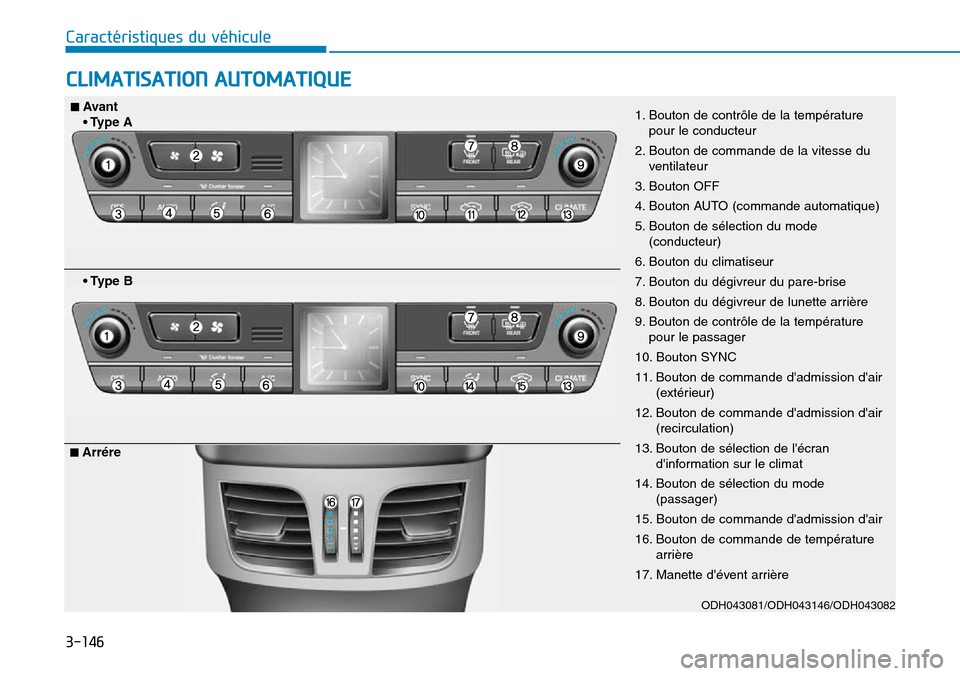 Hyundai Genesis 2015  Manuel du propriétaire (in French) 3-146
Caractéristiques du véhicule
CLIMATISATION AUTOMATIQUE
ODH043081/ODH043146/ODH043082
1. Bouton de contrôle de la températurepour le conducteur
2. Bouton de commande de la vitesse du ventilat