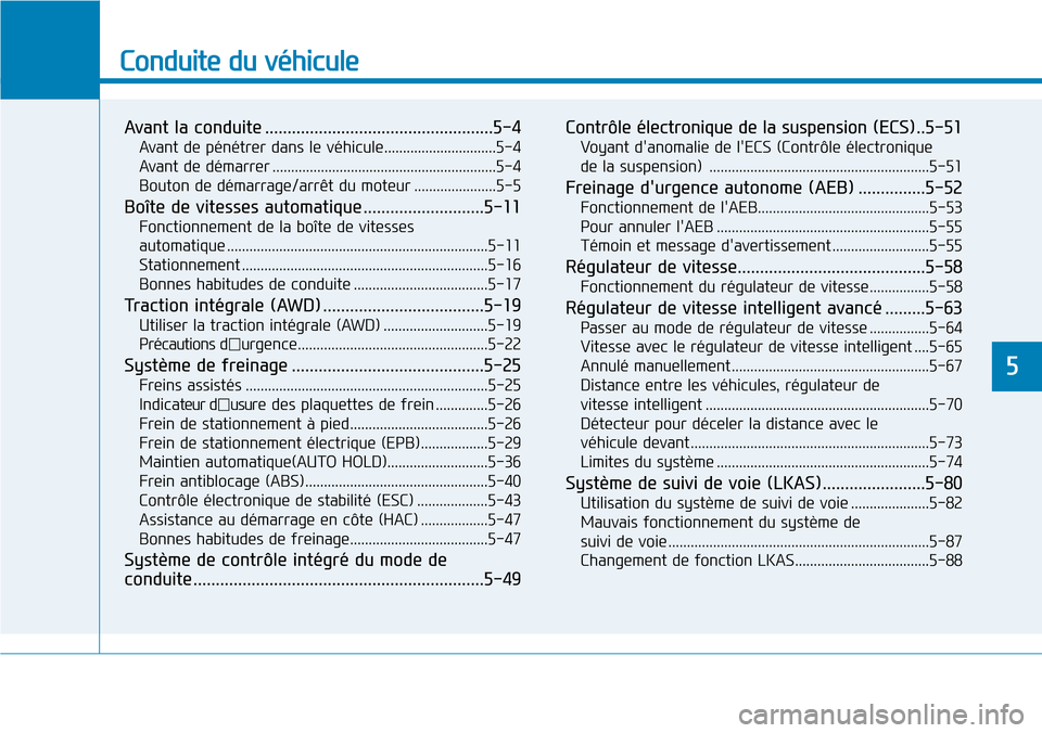 Hyundai Genesis 2015  Manuel du propriétaire (in French) Conduite du véhicule
Avant la conduite ...................................................5-4
Avant de pénétrer dans le véhicule..............................5-4
Avant de démarrer ...............