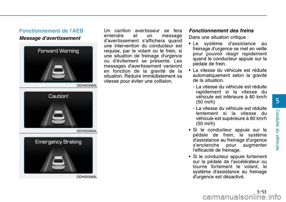 Hyundai Genesis 2015  Manuel du propriétaire (in French) 5-53
Conduite du véhicule
5
Fonctionnement de lAEB
Message davertissement
Un carillon avertisseur se fera
entendre et un message
davertissement saffichera quand
une intervention du conducteur est