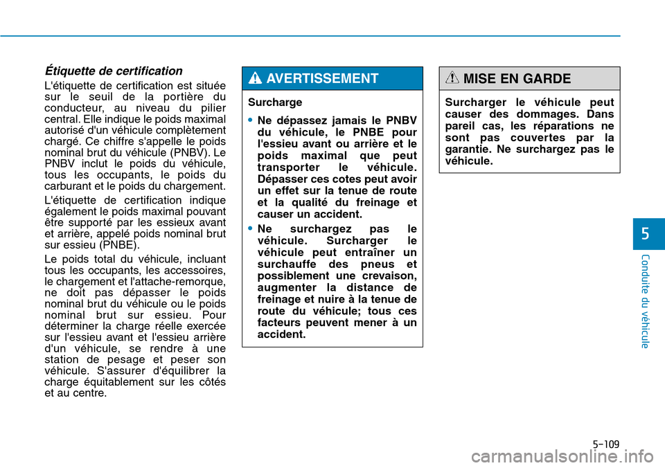 Hyundai Genesis 2015  Manuel du propriétaire (in French) 5-109
Conduite du véhicule
5
Étiquette de certification
Létiquette de certification est située
sur le seuil de la portière du
conducteur, au niveau du pilier
central. Elle indique le poids maxim