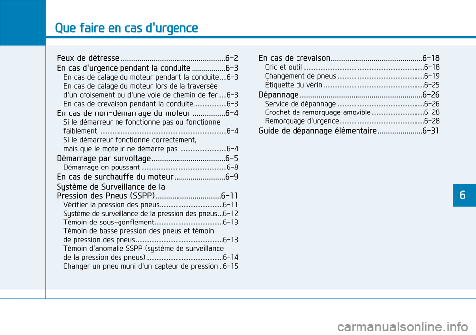 Hyundai Genesis 2015  Manuel du propriétaire (in French) Que faire en cas durgence
Feux de détresse ...................................................6-2
En cas durgence pendant la conduite .................6-3
En cas de calage du moteur pendant la cond